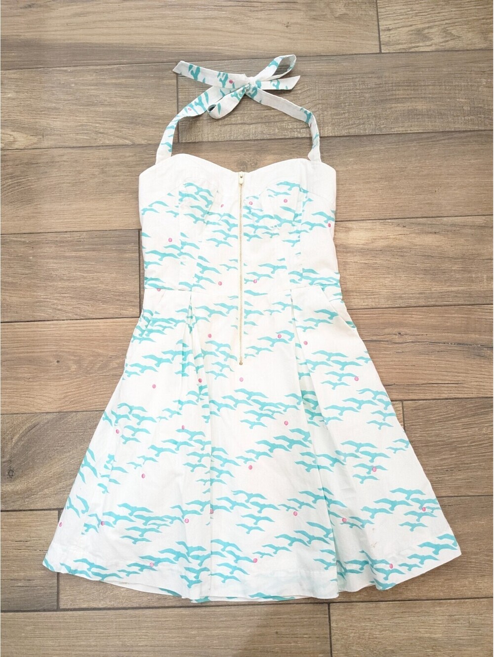 Lilly Pulitzer Marisa Flock of Seagulls Halter Dress sz 0 white teal pink womens